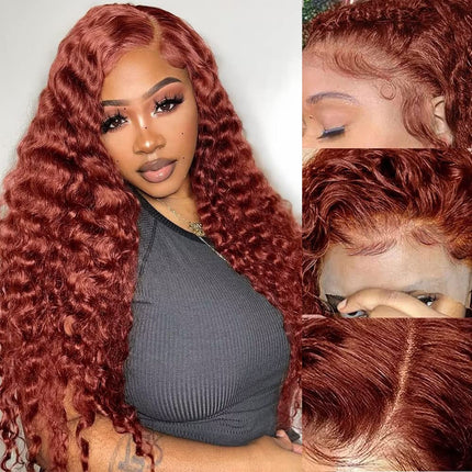 ZSWIG 33# Reddish Brown Loose Deep Human Hair 13x6 Tranparent Lace Front Wig for Women ZSWIG