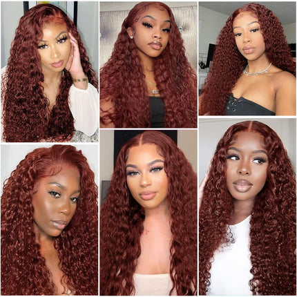 ZSWIG 33# Reddish Brown Water Wave Human Hair 13x6 Tranparent Lace Front Wig for Women ZSWIG