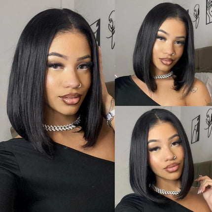 ZSWIG 200% Density 13x4 Tranparent Lace Front Wig Short Straight Bob Skin Melted Natural Black Color