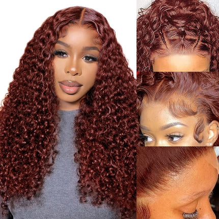 ZSWIG 33# Reddish Brown Water Wave Human Hair 13x6 Tranparent Lace Front Wig for Women ZSWIG