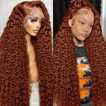 ZSWIG 33# Reddish Brown Kinky Curly Curl Human Hair 13x6 Tranparent Lace Front Wig for Women ZSWIG