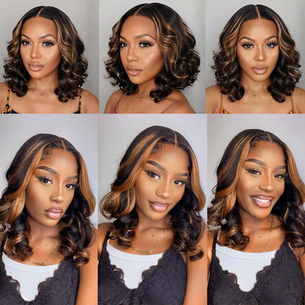 200% Density Body Wave P427 Highlight 13x4 Transparent Lace Front Short Bob Wig for Women Human Hair