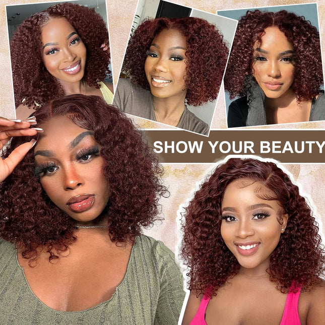 200% Density 33# Reddish Brown 13x4 Transparent Lace Front Short Bob Wig for Women Human Hair Kinky Curly Curl