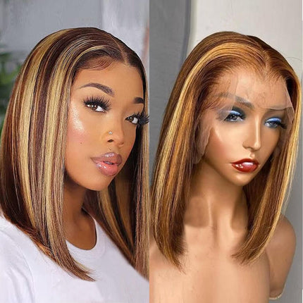 200% Density Highlight Color 13x4 Transparent Lace Front Short Straight Bob Wig for Women Human Hair