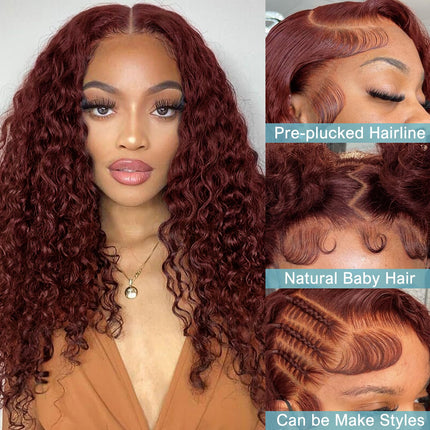 ZSWIG 33# Reddish Brown Jerry Curly Human Hair 13x6 Tranparent Lace Front Wig for Women ZSWIG