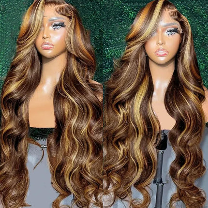 200% Density Body Wave P427 Highlight Color Human Hair 13x6 Transparent Lace Front Wig for Women ZSWIG