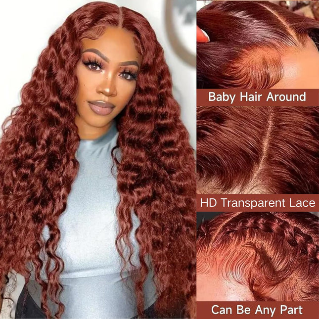 ZSWIG 33# Reddish Brown Loose Deep Human Hair 13x6 Tranparent Lace Front Wig for Women ZSWIG