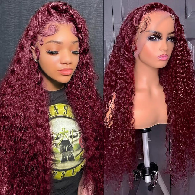 250% Density Burgundy 99J Water Wave Human Hair 13x6 Transparent Lace Front Wig ZSWIG