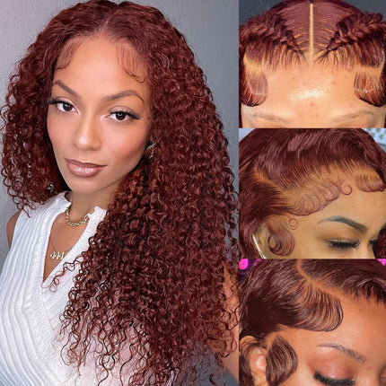 ZSWIG 33# Reddish Brown Jerry Curly Human Hair 13x6 Tranparent Lace Front Wig for Women ZSWIG