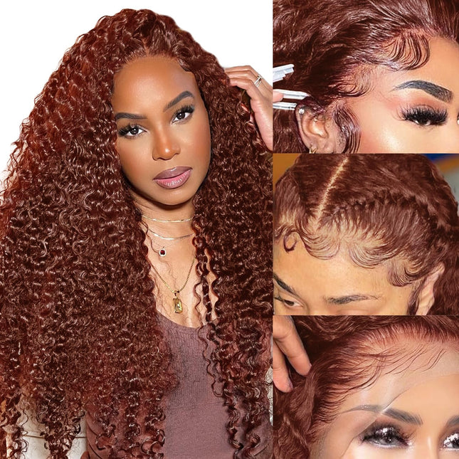 ZSWIG 33# Reddish Brown Kinky Curly Curl Human Hair 13x6 Tranparent Lace Front Wig for Women ZSWIG