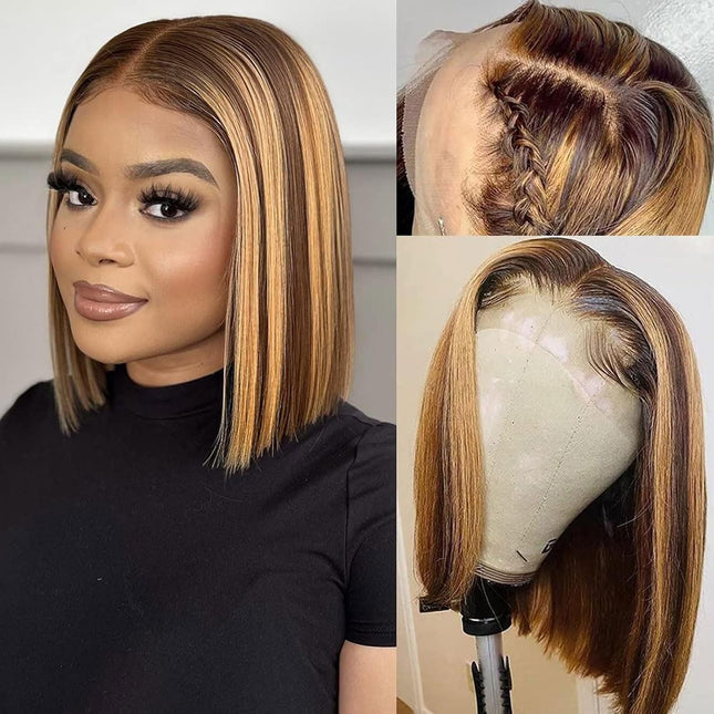 200% Density Highlight Color 13x4 Transparent Lace Front Short Straight Bob Wig for Women Human Hair