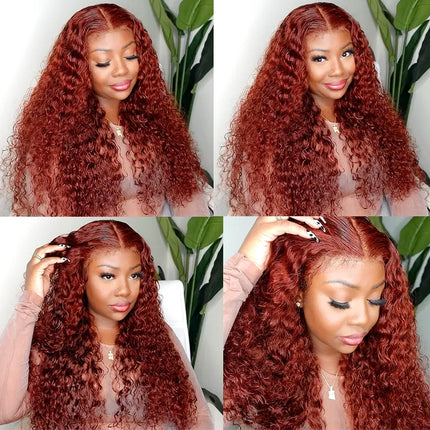 ZSWIG 33# Reddish Brown Water Wave Human Hair 13x6 Tranparent Lace Front Wig for Women ZSWIG