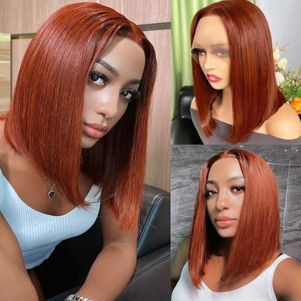 200% Density 33# Reddish Brown 13x4 Transparent Lace Front Short Bob Wig for Women Human Hair Straight