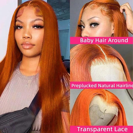 ZSWIG 250% Density 350# Ginger Orange Straight Human Hair 13x6 Tranparent Lace Front Wig