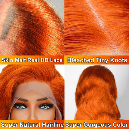 ZSWIG 250% Density 350# Ginger Orange Body Wave Human Hair 13x6 Tranparent Lace Front Wig