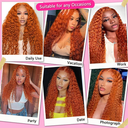 ZSWIG 250% Density 350# Ginger Orange Jerry Curly Curl Human Hair 13x6 Tranparent Lace Front Wig