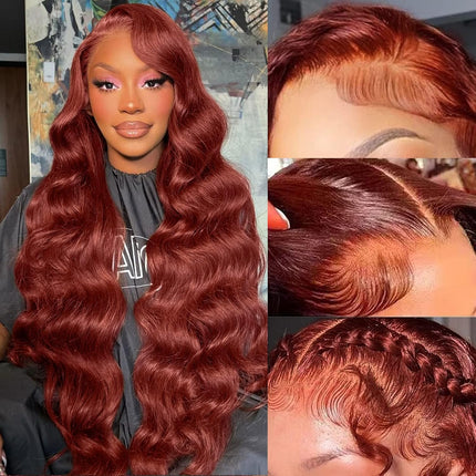 ZSWIG 33# Reddish Brown Body Wave Human Hair 13x4 Tranparent Lace Front Wig