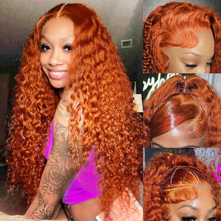 ZSWIG 250% Density 350# Ginger Orange Loose Deep Human Hair 13x6 Tranparent Lace Front Wig