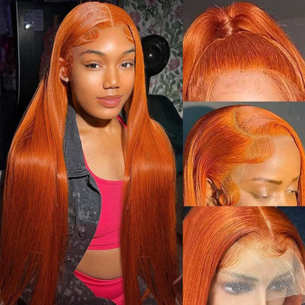 ZSWIG 250% Density 350# Ginger Orange Straight Human Hair 13x6 Tranparent Lace Front Wig