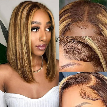 200% Density Highlight Color 13x4 Transparent Lace Front Short Straight Bob Wig for Women Human Hair