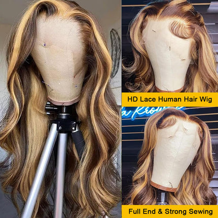 200% Density Body Wave P427 Highlight Color Human Hair 13x6 Transparent Lace Front Wig for Women ZSWIG