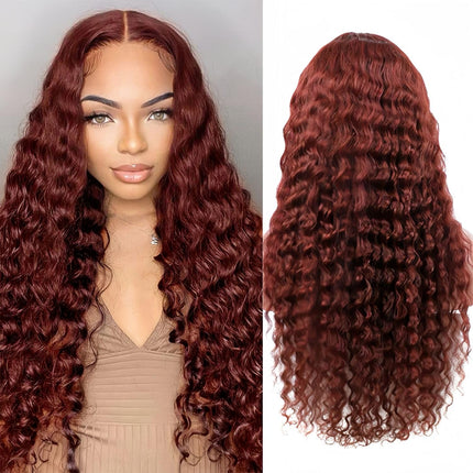 ZSWIG 33# Reddish Brown Loose Deep Human Hair 13x6 Tranparent Lace Front Wig for Women ZSWIG