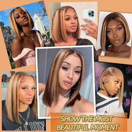 200% Density Highlight Color 13x4 Transparent Lace Front Short Straight Bob Wig for Women Human Hair