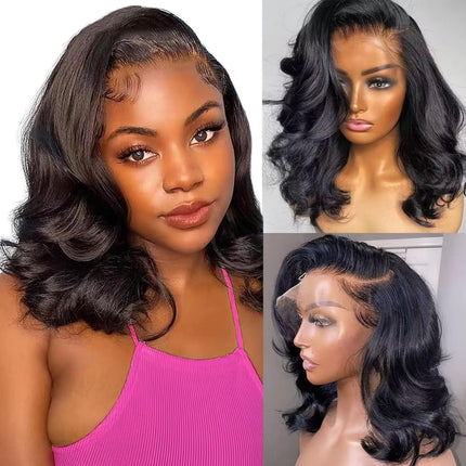 ZSWIG 200% Density 13x4 Tranparent Lace Front Wig Body Wave Wavy Bob Skin Melted Natural Black Color