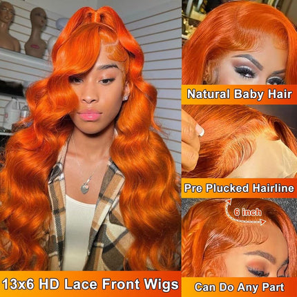 ZSWIG 250% Density 350# Ginger Orange Body Wave Human Hair 13x6 Tranparent Lace Front Wig