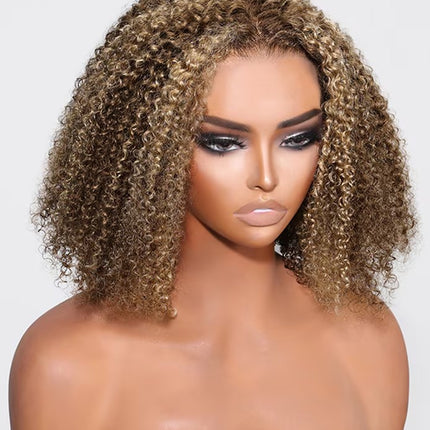 200% Density Kinky Curly P427 Highlight Color 13x4 Transparent Lace Front Short Bob Wig for Women Human Hair