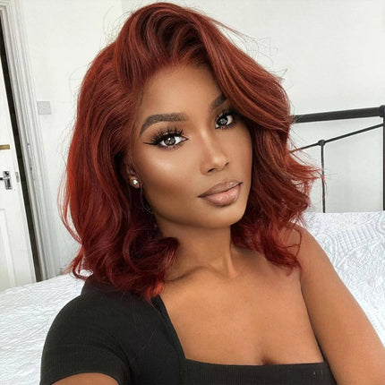 200% Density 33# Reddish Brown 13x4 Transparent Lace Front Short Bob Wig for Women Human Hair Body Wave