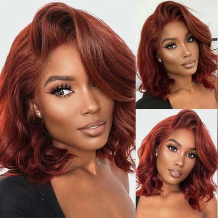 200% Density 33# Reddish Brown 13x4 Transparent Lace Front Short Bob Wig for Women Human Hair Body Wave