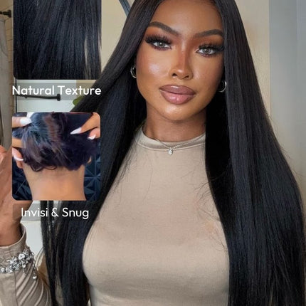 Natural Black Kinky Straight YAKI Human Hair 13x6 Tranparent Lace Front Wig ZSWIG