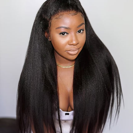 Natural Black Kinky Straight YAKI Human Hair 13x6 Tranparent Lace Front Wig ZSWIG