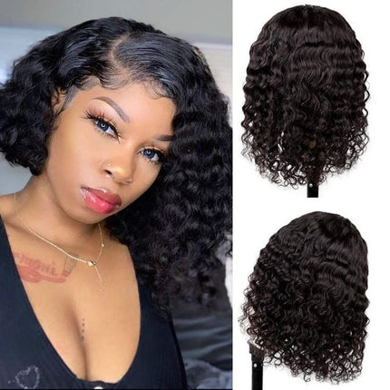 200% Density Water Wave 13x4 Transparent Lace Front Short Bob Wig for Women Human Hair Natural Black Color