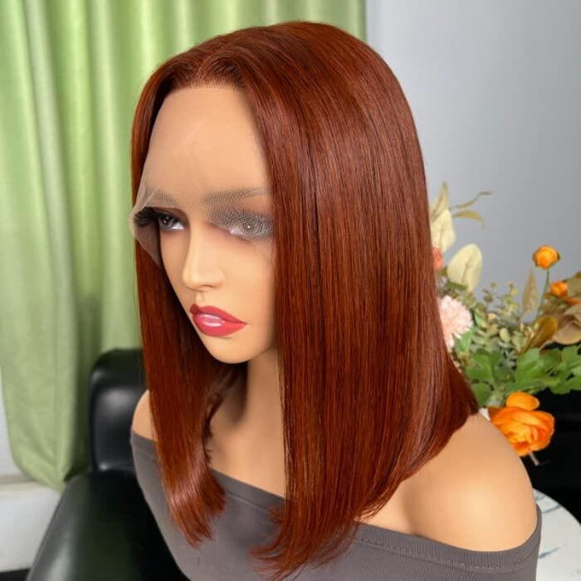 200% Density 33# Reddish Brown 13x4 Transparent Lace Front Short Bob Wig for Women Human Hair Straight