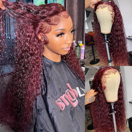 250% Density Burgundy 99J Water Wave Human Hair 13x6 Transparent Lace Front Wig ZSWIG