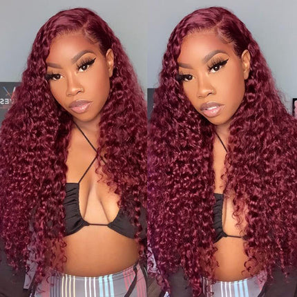 250% Density Burgundy 99J Water Wave Human Hair 13x6 Transparent Lace Front Wig ZSWIG